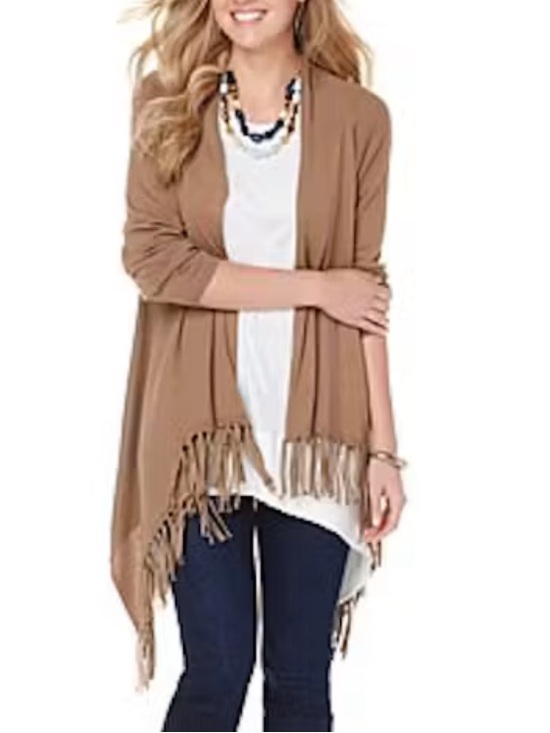 Sweaters - Fringe Open-Front Women's Cardigan Sweater - Tan. 🏡